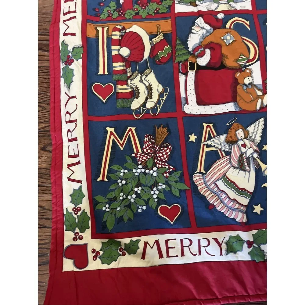 Vtg Quilted Baby blanket CHRISTMAS spell out Red Angels‎ Stockings Santa Striped